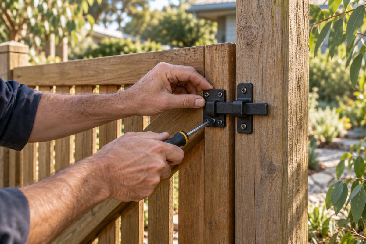 Illustration of a timber garden gate latch being adjusted